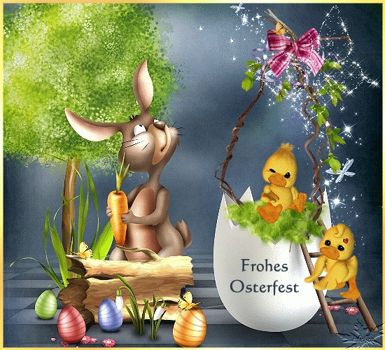 Frohe Osterfest! Пасхальний заєць тримає морвкину біля писанок, і поруч двоє каченят. Привітання з Великоднем на німецькій
