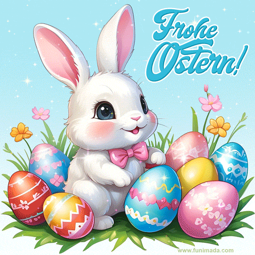 Frohe Ostern! Білий зайчик з писанками серед квітів.