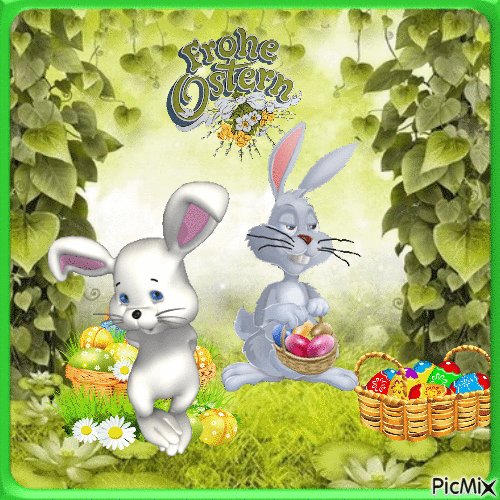 Frohe Ostern! Два зайчики з писанками на галявині. Привітання з Великоднем на німецькій мові
