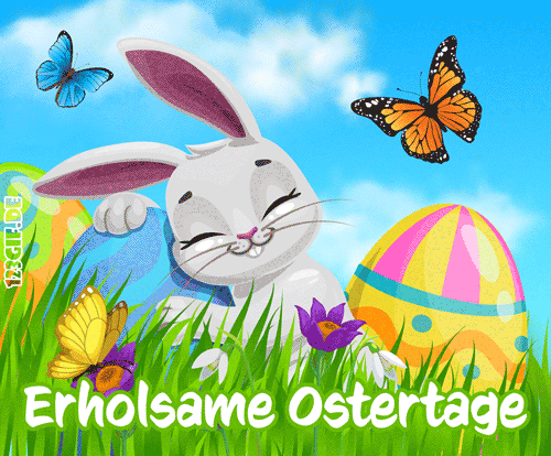 Erholsame Ostertage! Зайчик обнімає писанки на галявині серед підсніжників і метеликів.