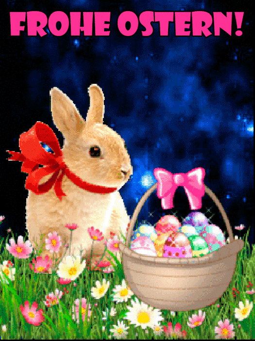 Frohe Ostern! Кролик з червоним бантиком біля кошика з писанками на галявині серед квітів вночі.