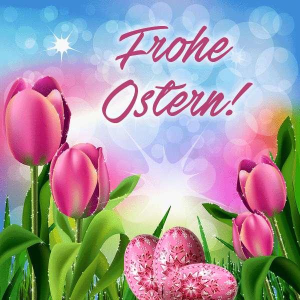 Frohe Ostern! Рожеві тюльпани і писанками на галявині.