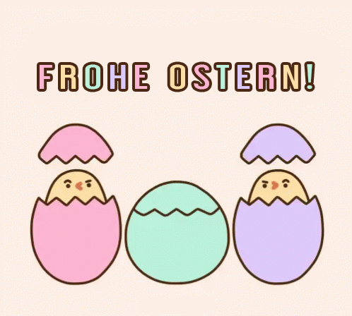 Frohe Ostern! Два курчатка і кіт Пушин стрибають в писанкаах.