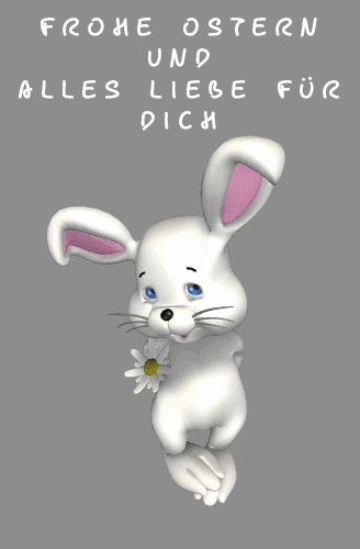 Frohe Ostern! Білий зайчик дарує тобі ромашку.