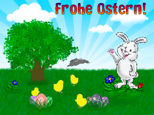 Frohe Ostern! Білий зайчик на галявині вітає з Великоднем на німецькій мові, поруч курчата і писанки.