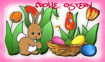 Frohe Ostern! Коричневий зайчик вітає з Великоднем на німецькій мові, поруч кошик з писанками і червоні тюльпани.