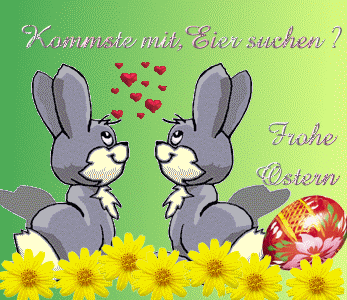 Frohe Ostern! Два сірі зайчики, один в другого питає 'Підеш шукати зі мною писанки?'