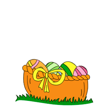 Frohe Ostern! Сірий кролик вискакує з-за кошика з писанками і вітає вас з Великоднем німецькою мовою
