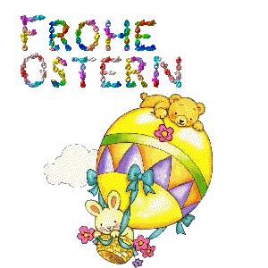 Frohe Ostern! Кролик і ведмедик на повітряній кулі вітають вас з Великоднем німецькою мовою