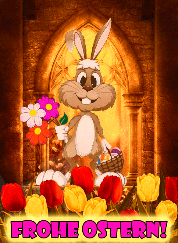 Frohe Ostern! Кролик несе кошик з писанками і букет квітів, серед тюльпанів, вітає вас з Великоднем німецькою мовою