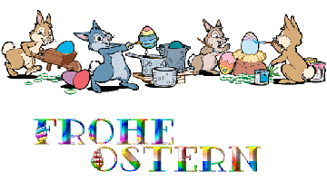Frohe Ostern! Кролики фарбують писанки, вітають всіх з Великоднем німецькою мовою
