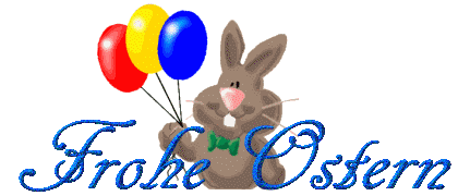 Frohe Ostern! Коричневий кролик тримає повітряні кульки, вітає всіх з Великоднем німецькою мовою