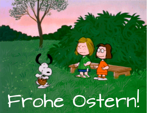 Frohe Ostern! Песик Снупі дає дітям писанки, вітає всіх з Великоднем німецькою мовою