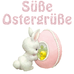 Frohe Ostern! Білий зайчик заглядає в писанку до курчатка, вітає всіх з Великоднем німецькою мовою