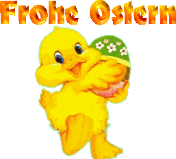 Frohe Ostern! Каченятко несе писанку, вітає всіх з Великоднем німецькою мовою
