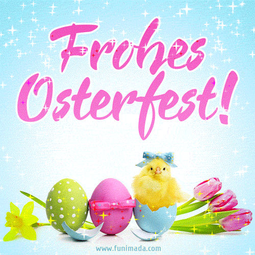 Frohe Ostern! Курчатко в писанці біля рожевих тюльпанів і жовтих нарцисів вітає всіх з Великоднем на німецькій мові