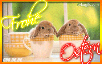 Frohe Ostern! Два кроленята в горнятках вітають всіх з Великоднем на німецькій мові