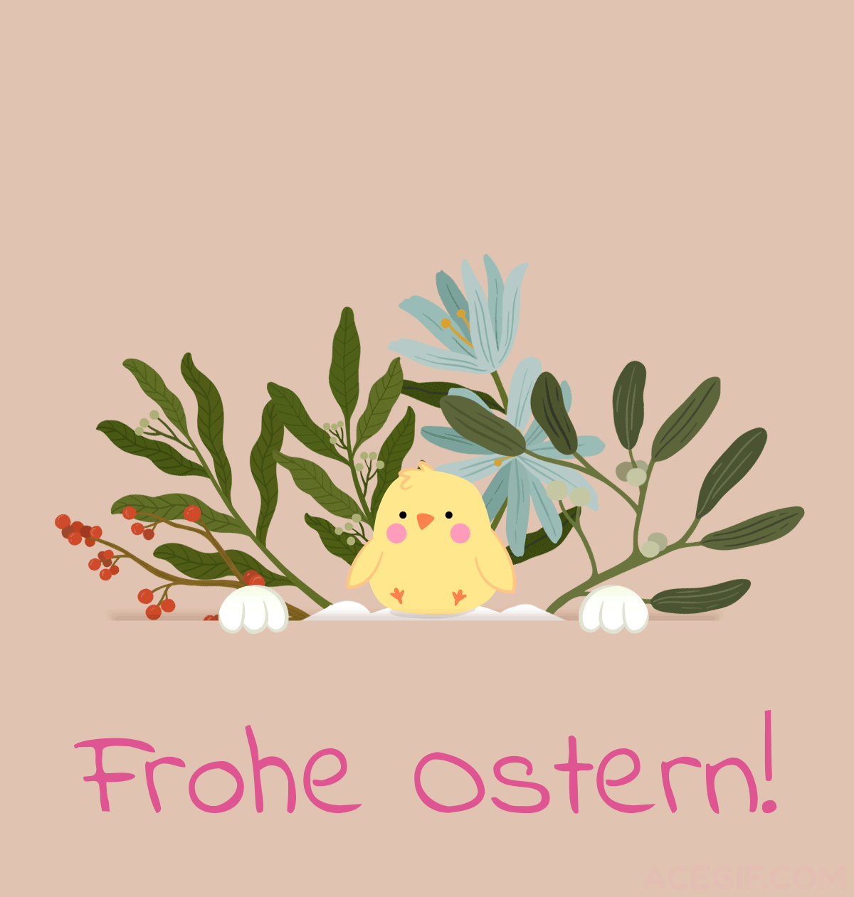 Frohe Ostern! Білий кролик з ціпочкою на голові визирає з нірки і вітає всіх з Великоднем на німецькій мові