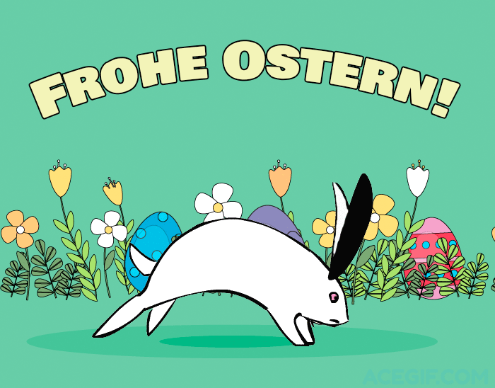 Frohe Ostern! Білий кролик біжить по галявині серед квітів і писанок і вітає всіх з Великоднем на німецькій мові