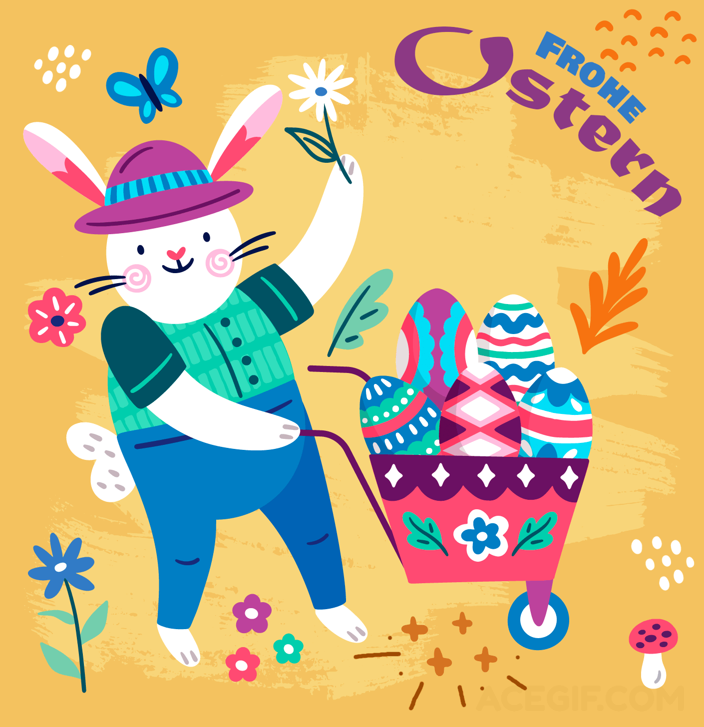 Frohe Ostern! Білий кролик, одягнений як чоловік, з тачкою писанок вітає всіх з Великоднем на німецькій мові